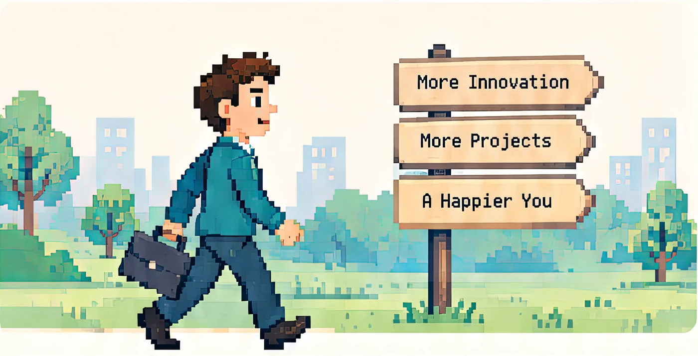 A professional walking past signposts: more innovation, more projects, a happier you.